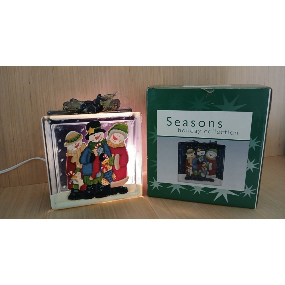 Seasons Holiday Collection Glass Light Up Christmas Present Block with Snowmen
